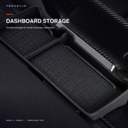 TERVELIO dashboard storage organizer shown in black and white configurations for compatible Tesla interiors.