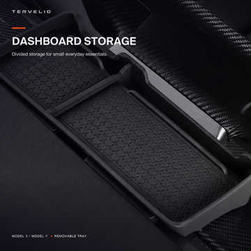 TERVELIO dashboard storage organizer shown in black and white configurations for compatible Tesla interiors.
