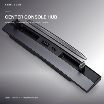 TERVELIO compact black center-console charging hub on a clean neutral background.