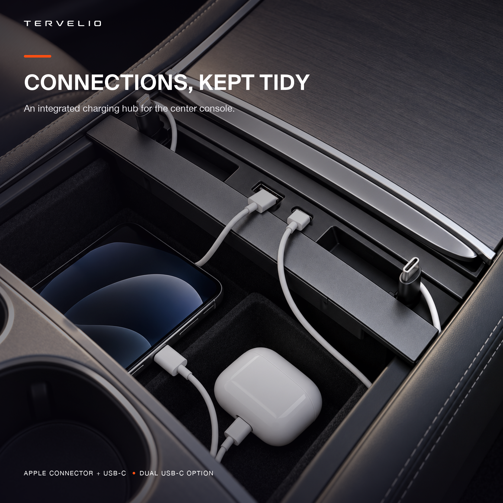 Center-console charging hub installed with tidy cable routing and devices connected inside the console.