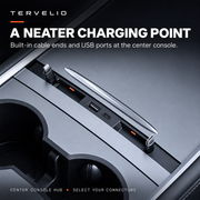 Center-console charging hub installed beside the cupholders, showing built-in connector ends and USB ports.