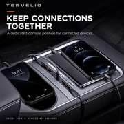 Phones connected to the center-console charging hub in the supplier-photographed console layout.