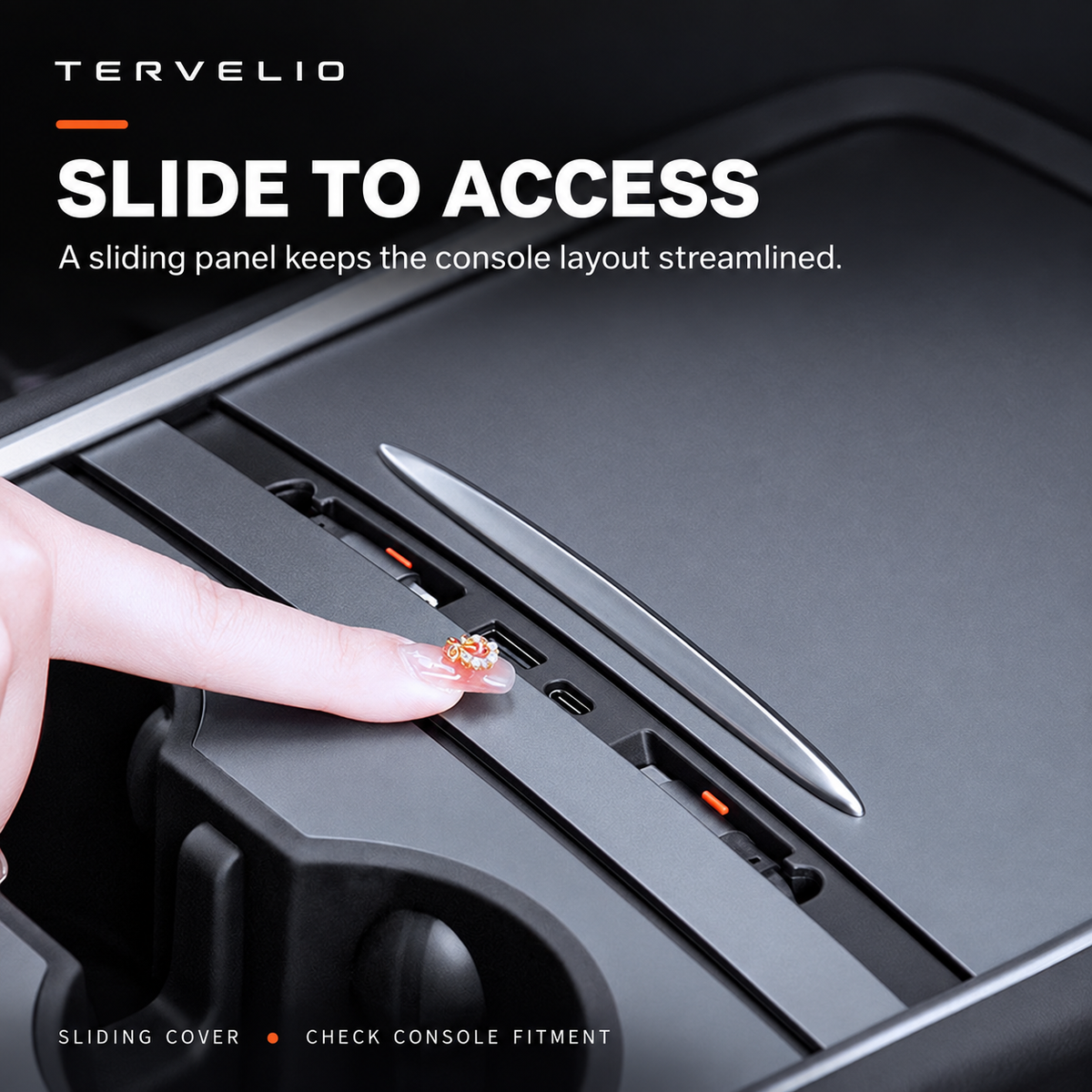 Charging hub beneath the sliding center-console cover