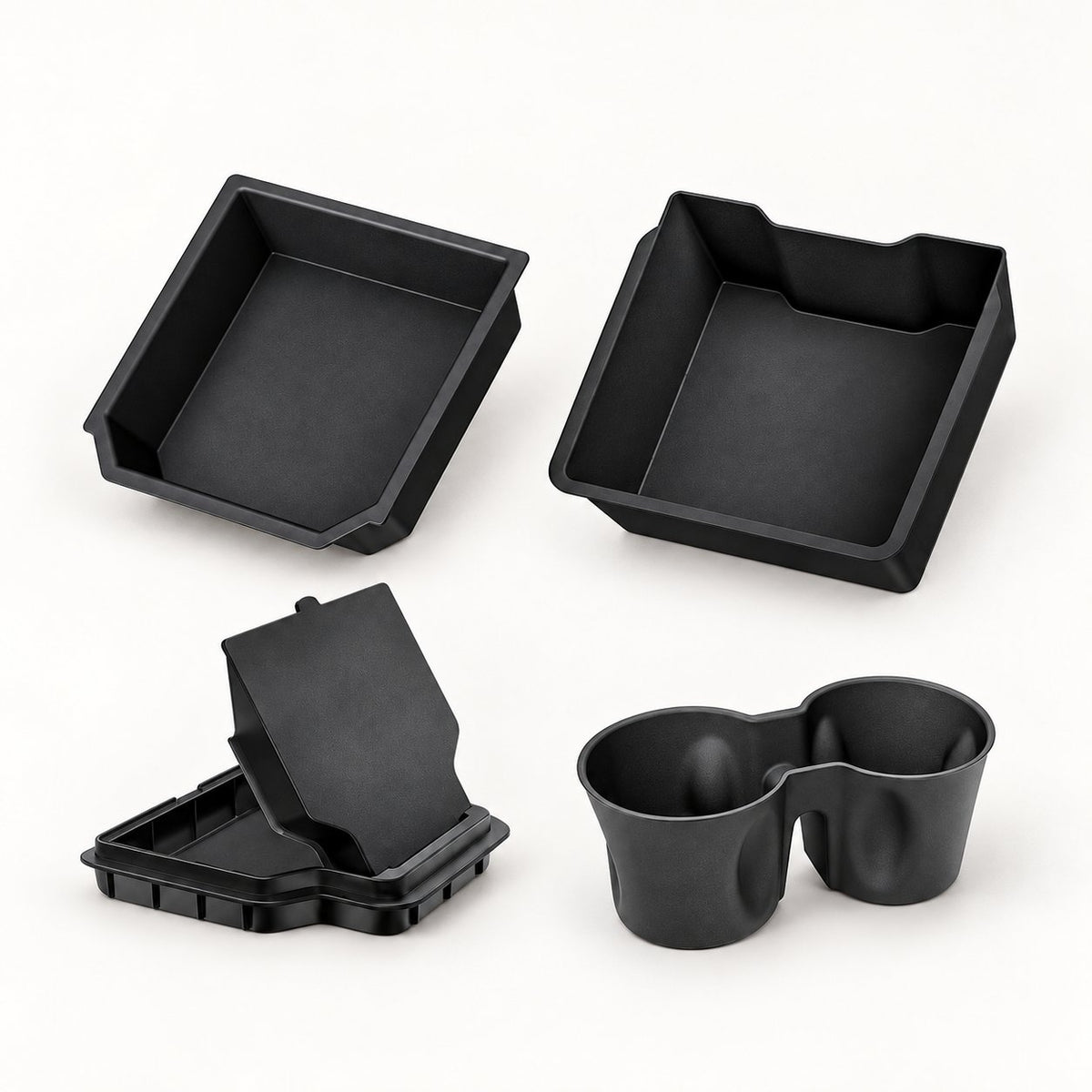 Four-piece console organizer and cup holder set for the supplier-listed refreshed Model Y configuration.