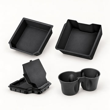 Four-piece console organizer and cup holder set for the supplier-listed refreshed Model Y configuration.