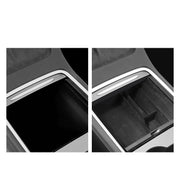 Side-by-side console views showing the open compartment and the installed divided flocked organizer.