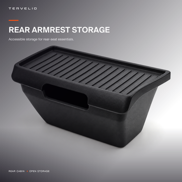 TERVELIO black rear armrest storage box for the refreshed Tesla Model Y.