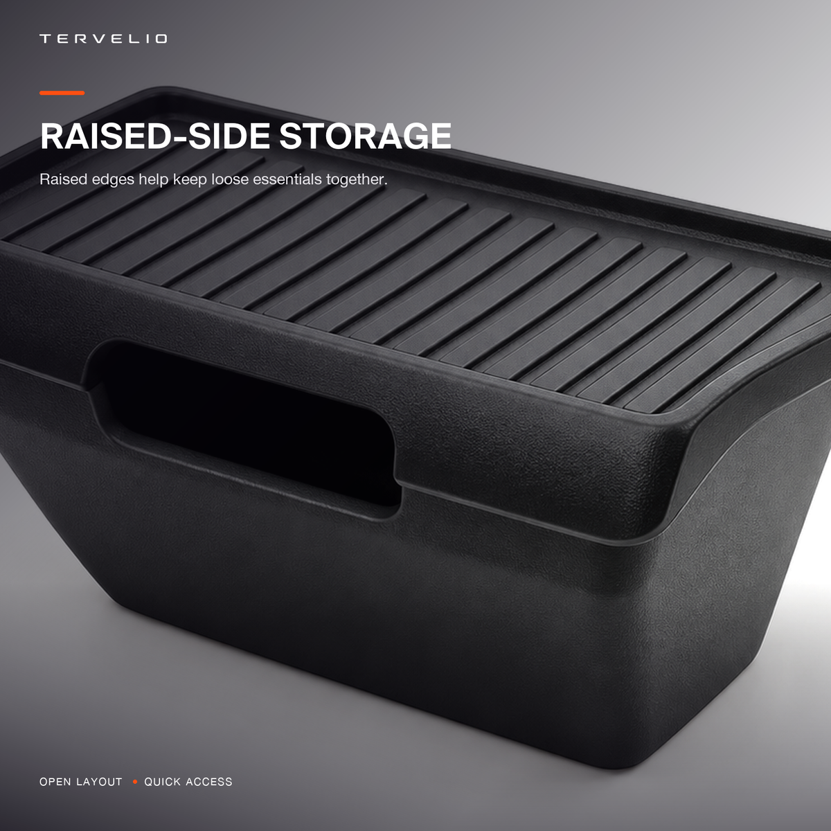 Open rear storage box with raised sides