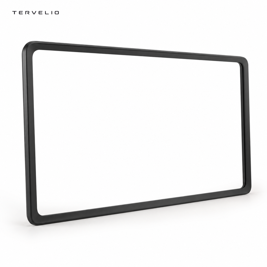TERVELIO Black Display Protection Frame for Tesla Model 3 / Model Y on a clean neutral background