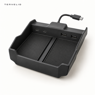TERVELIO Center Console Charging Hub for 2021–2024 Tesla Models on a clean neutral background