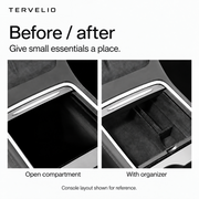 Before and after: an open center console compartment compared with the divided organizer installed.