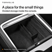 Divided console tray for small essentials, with a dark flocked lining and a raised partition.