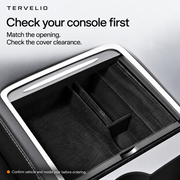 Console fitment guide highlighting the opening shape and cover clearance to check before ordering.