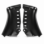 Two black carbon-steel coolant-pipe guard halves for refreshed Tesla Model 3, isolated on white.
