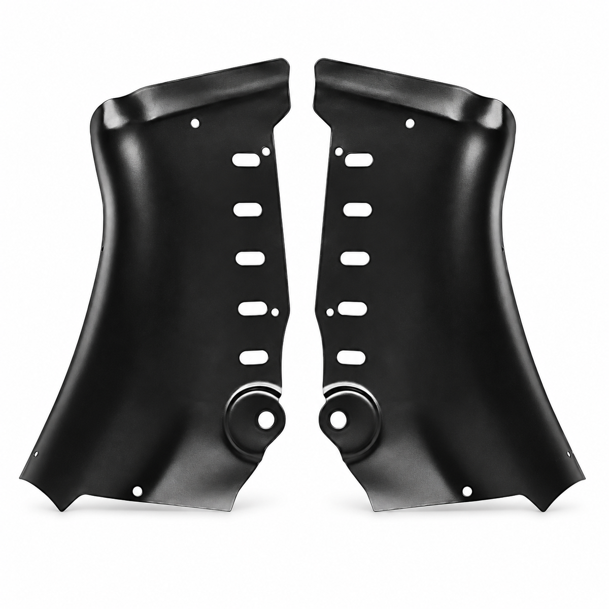 Two black carbon-steel coolant-pipe guard halves for refreshed Tesla Model 3, isolated on white.