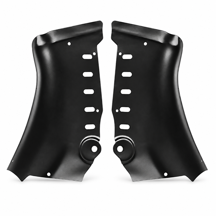 Two black carbon-steel coolant-pipe guard halves for refreshed Tesla Model 3, isolated on white.