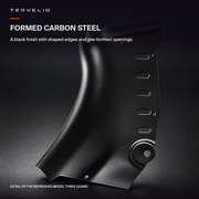Single refreshed Model 3 guard half showing the formed carbon-steel shape, edge and openings.