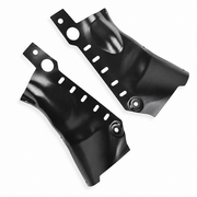 Two black carbon-steel coolant-pipe guard halves for Tesla Model Y, isolated on white.