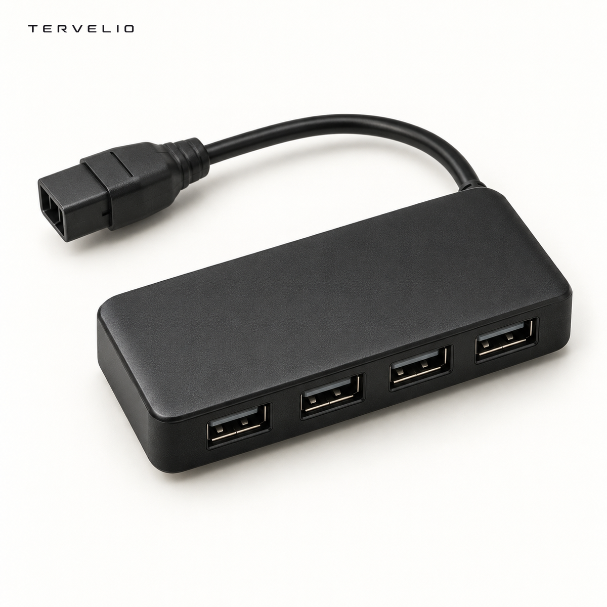 TERVELIO Four-Port Glovebox USB Hub for Tesla Model 3 / Model Y on a clean neutral background