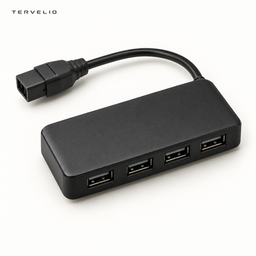 TERVELIO Four-Port Glovebox USB Hub for Tesla Model 3 / Model Y on a clean neutral background