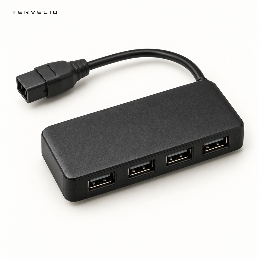 TERVELIO Four-Port Glovebox USB Hub for Tesla Model 3 / Model Y on a clean neutral background