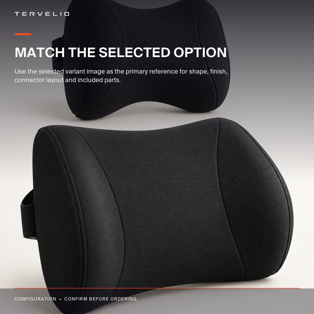 Headrest and Lumbar Cushion Options for Tesla position, finish and fitment reference