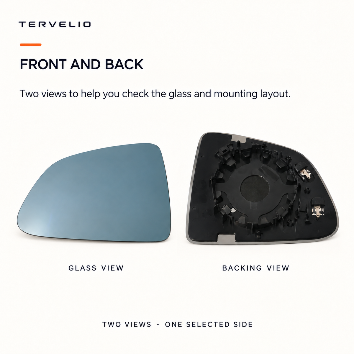Front glass and rear backing views of one selected Model Y replacement mirror glass.
