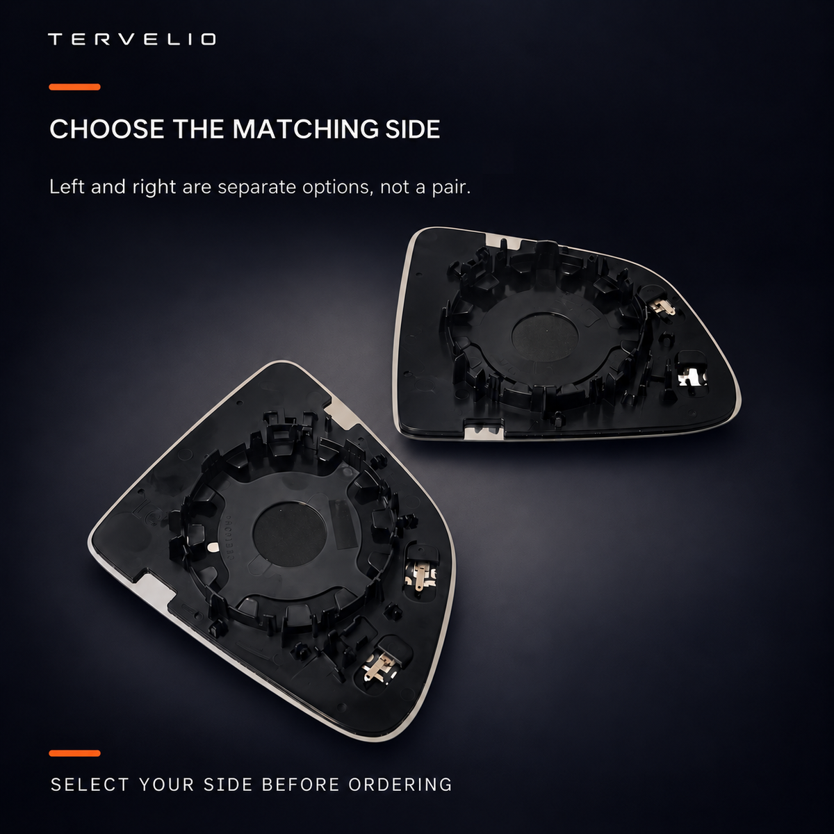 Two different rear backing shapes illustrating separately sold left and right mirror options.