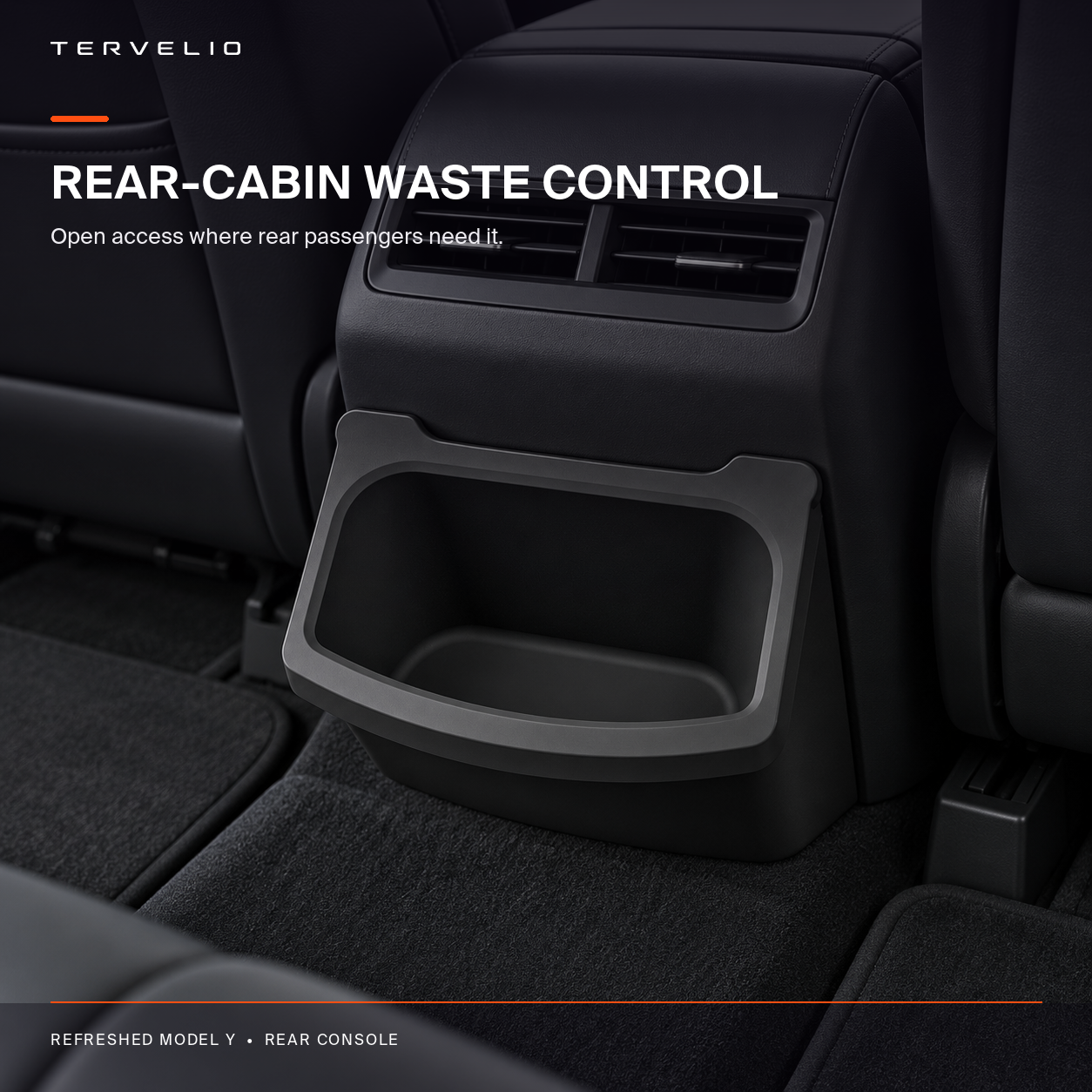 Rear-console waste bin positioned for rear-passenger access