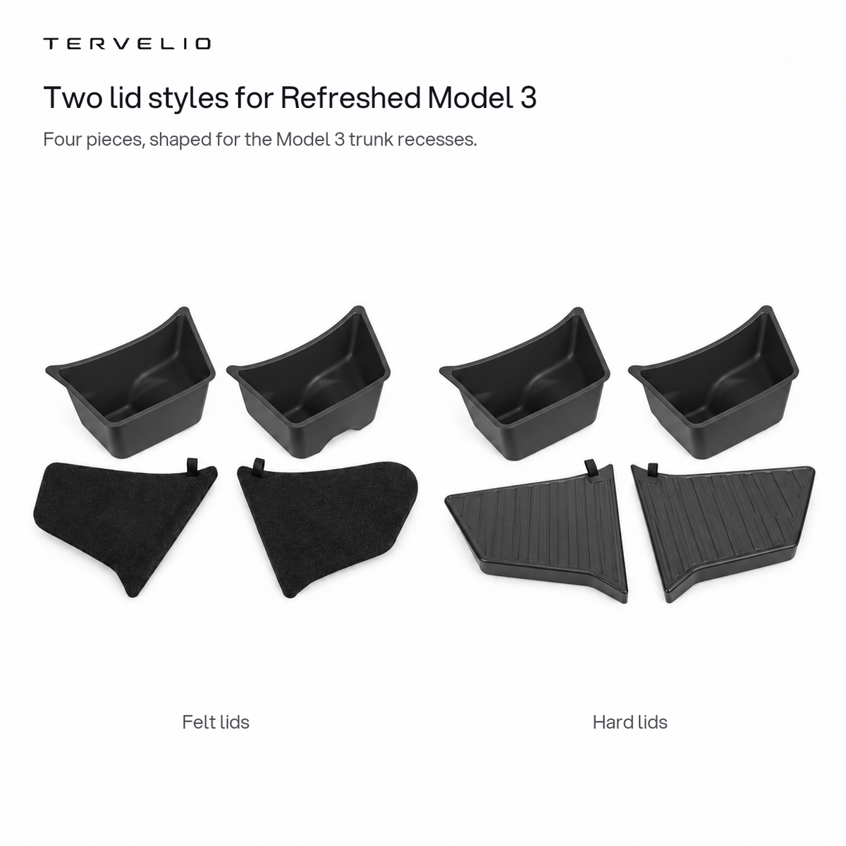 Refreshed Model 3 side-bin sets with felt lids or hard lids.