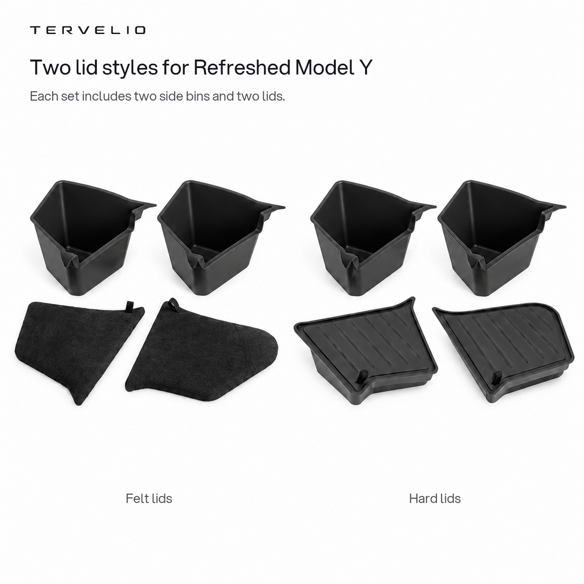 Two lid styles for Refreshed Model Y. Each set includes two side bins and two lids.