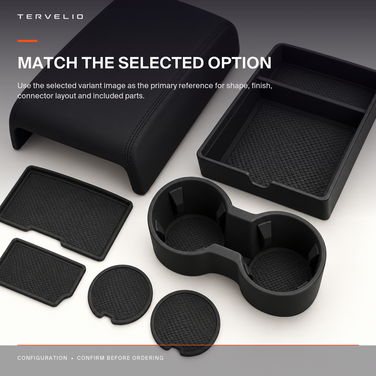 Silicone Center Console Protection Set for Tesla Model 3 / Model Y position, color and included-piece reference