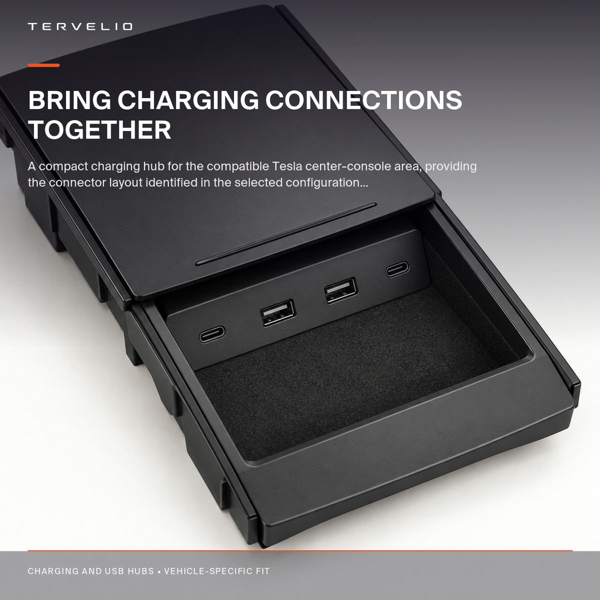 Sliding-Cover Charging Hub installed in the compatible Tesla center-console area