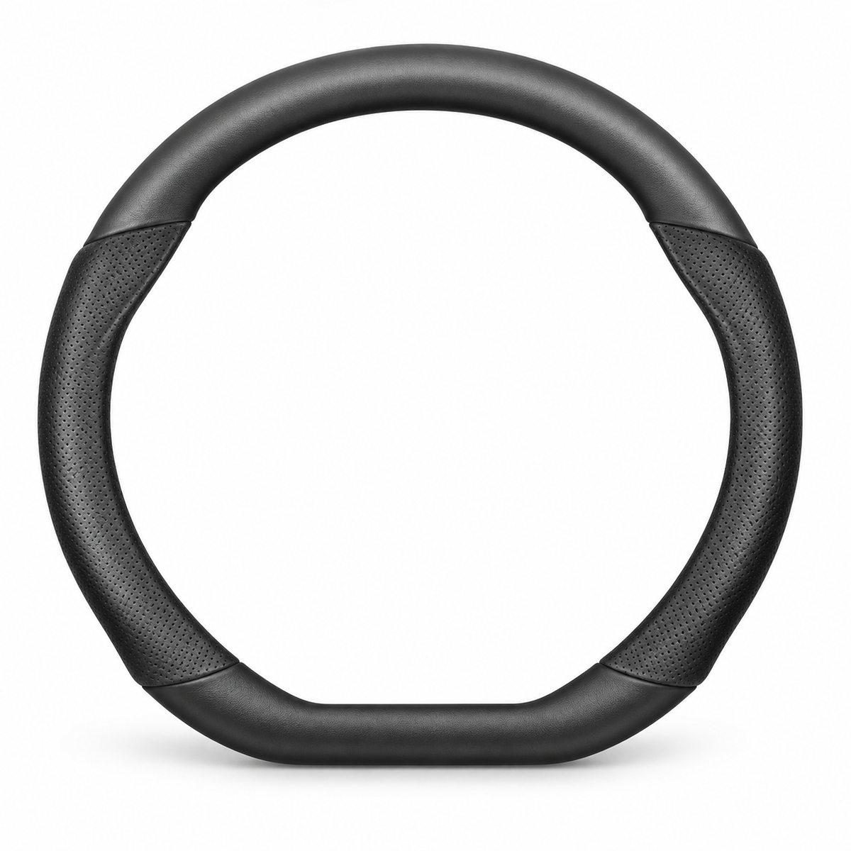 Black flat-bottom steering wheel cover with perforated side panels on a white background.