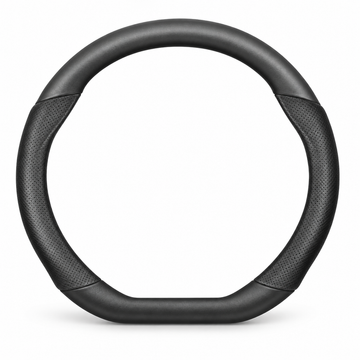 Black flat-bottom steering wheel cover with perforated side panels on a white background.
