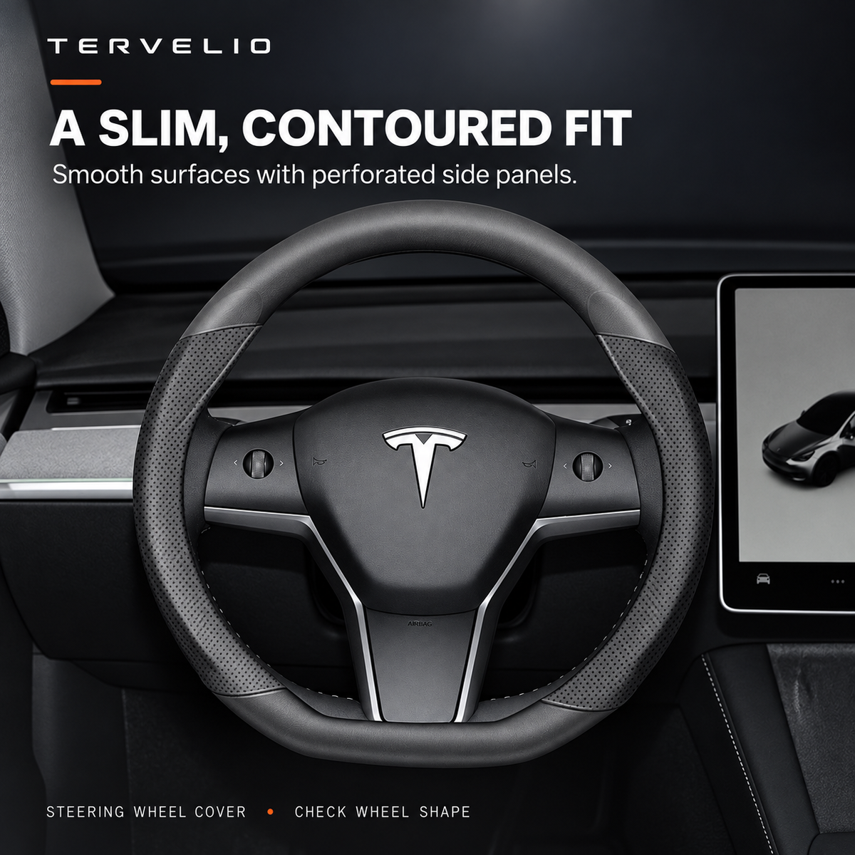 Slim Steering Wheel Cover for Tesla Model 3 / Model Y installed in the intended Tesla cabin position