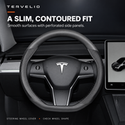 Black steering wheel cover installed on the supplier-photographed Tesla steering wheel.