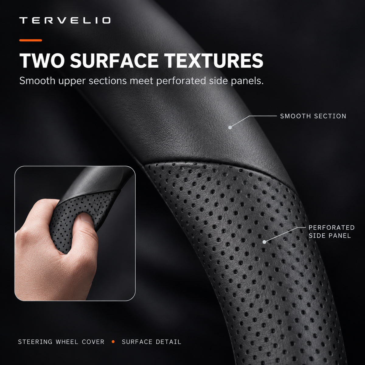Slim Steering Wheel Cover for Tesla Model 3 / Model Y construction, edge and material detail