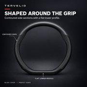 Standalone black steering wheel cover showing contoured sides and a flat lower profile.