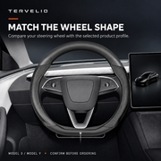 Steering wheel cover on the supplied Model 3 steering wheel, with a flat lower-profile fitment reference.
