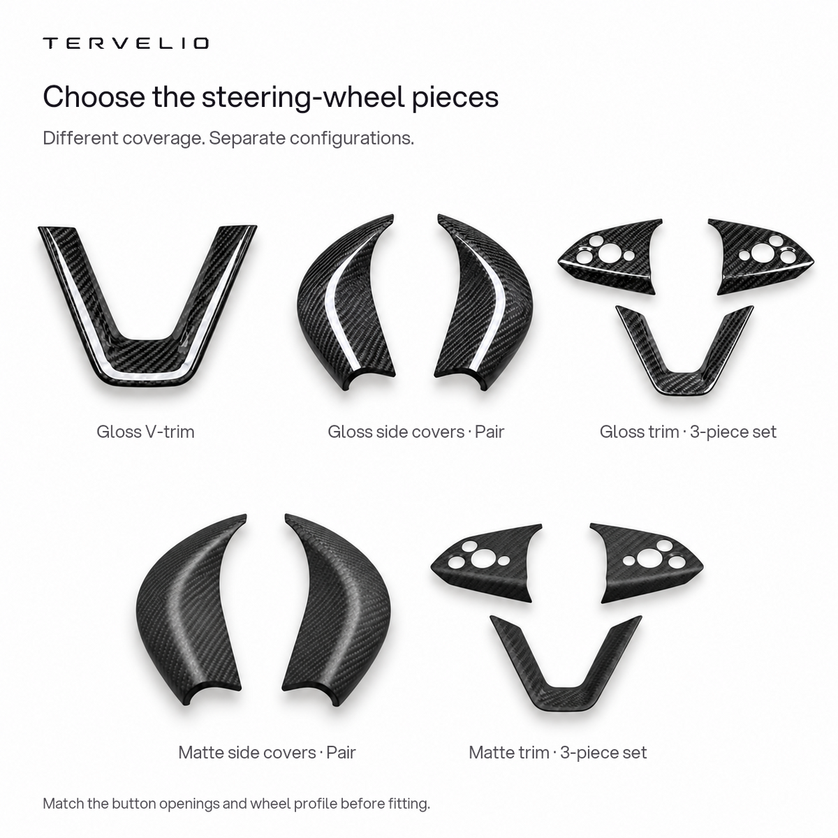 Choose the steering-wheel pieces. Different coverage. Separate configurations.