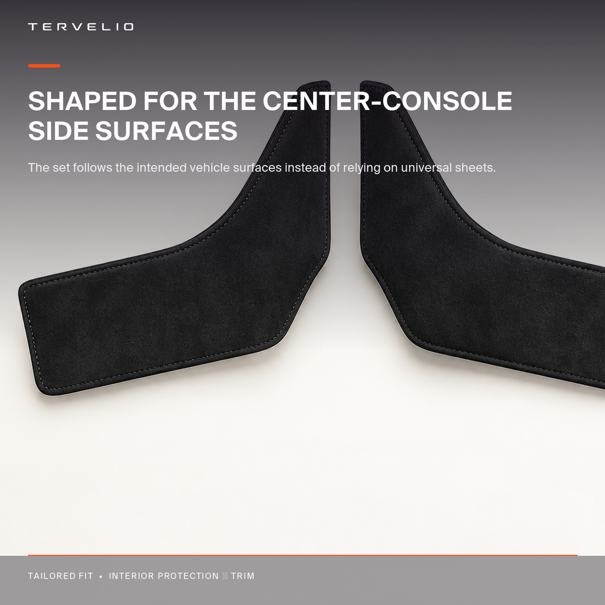 Suede-Style Console Side Kick Protectors for Tesla Model Y edge, finish and contour detail