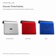 One set. Three finishes.. Color examples from the 11-piece door-switch trim set.