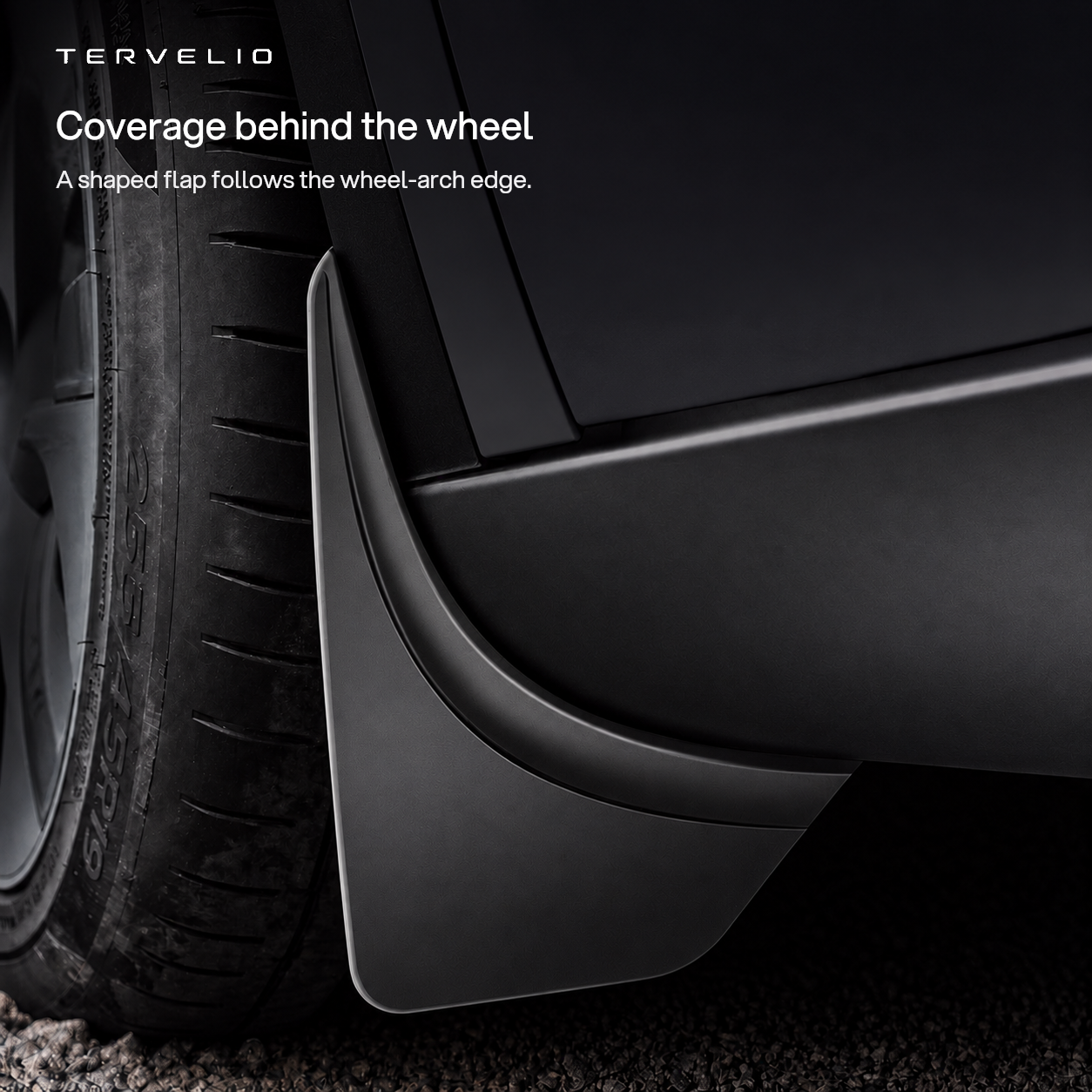 Coverage behind the wheel. A shaped flap follows the wheel-arch edge.