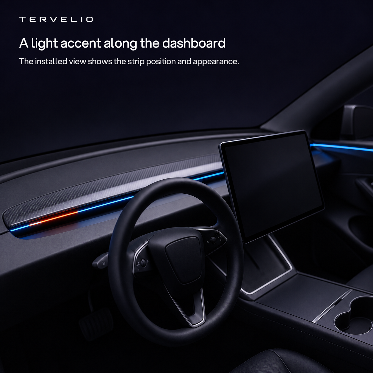 A light accent along the dashboard. The installed view shows the strip position and appearance.