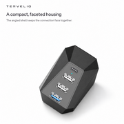 A compact, faceted housing. The angled shell keeps the connection face together.