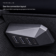 See the connection layout. USB-A and USB-C openings are grouped on the front face.