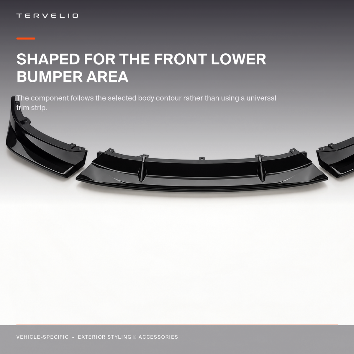 Three-Piece Front Lip Spoiler contour, joint and surface-finish detail