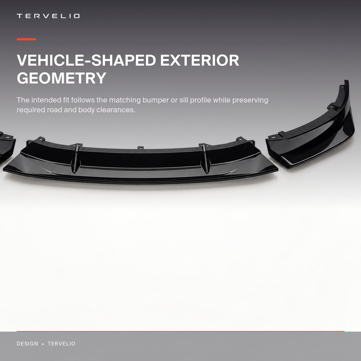 Three-Piece Front Lip Spoiler finish and installed-profile reference