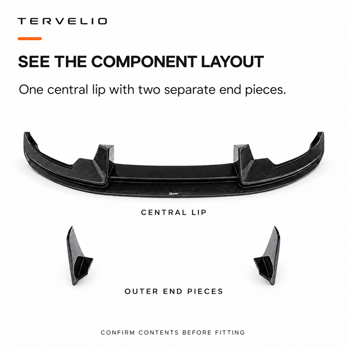 Supplier-referenced front lip layout with one central piece and two separate outer end pieces.